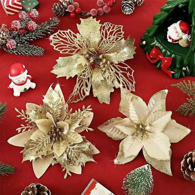 6-24Pcs 15cm Artificial Christmas Flowers with Clips Stems Xmas Tree Ornaments Glitter Flower Garland New Year Party Decor