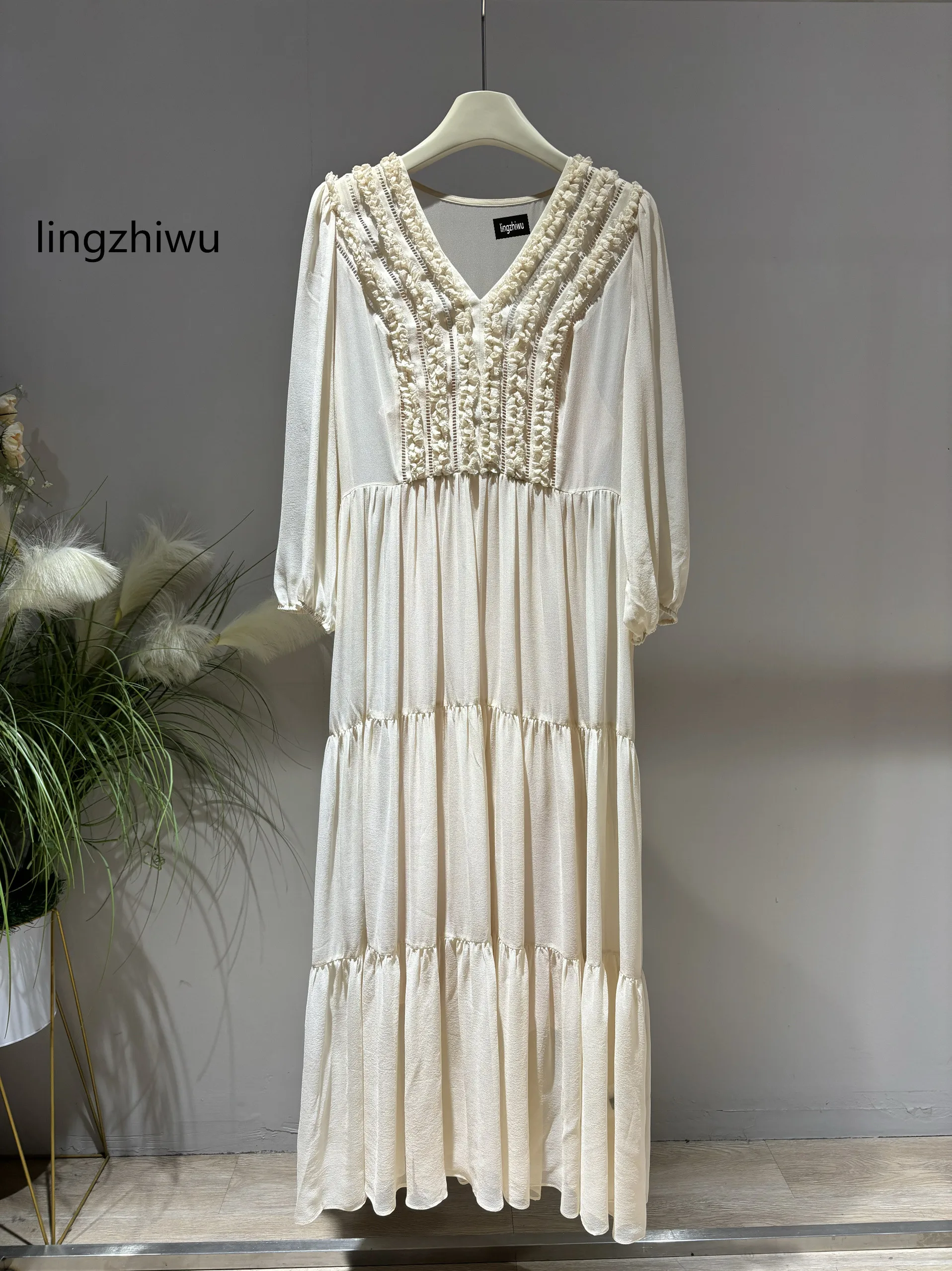 

lingzhiwu Silk Long Dress 2024 Summer V-Neck Laciness Separate Lining Two Piece Dresses Fashion Silk Vestidos New Arrival