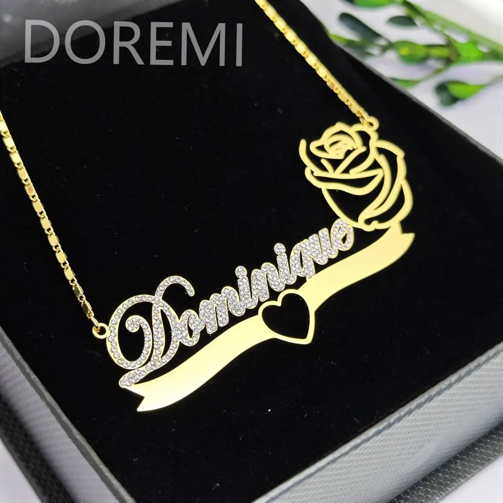 DOREMI Stainless Steel Personalized Gift Jewelry Crystal White Cz Name Zircon Rose Flower Necklace Women Gift Jewelry