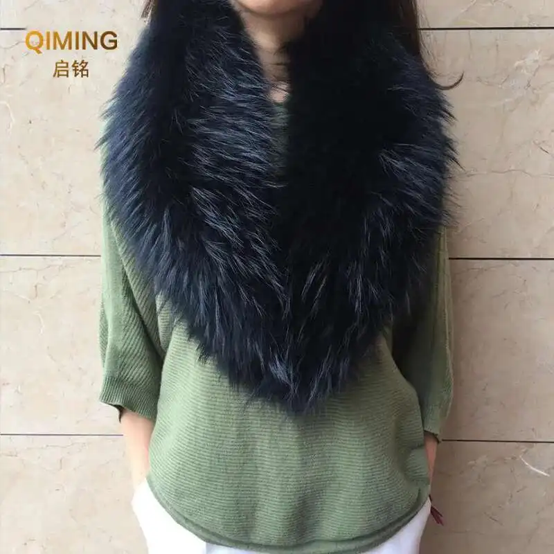 Real Fur Collar Furry Raccoon Fur Scarf Ring Winter Neck Warmer Women Men Jackets Hood Shawl Wraps Fluffy Warm Long Scarf fur scarf