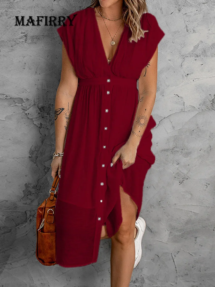 

Summer Streetwear Women V Neck Solid Dress New Casual Holiday Short Sleeve Button Dress Loose Patchwork Femme Streetwear Dress