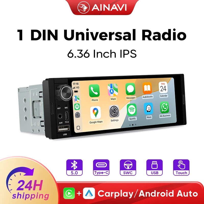 Ainavi K40 K50 Radio de coche universal 1 Din de 6,36 pulgadas, MP5, pantalla táctil IPS, inalámbrico HD 1280*480, Carplay, Android Auto, cámara trasera, MIC, USB, BT 5.0, tipo C, Bluetooth, teléfono, música 2