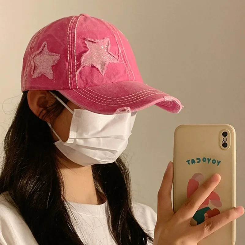 Y2K Washed Denim Hole Baseball Cap Sun Hat For Women Men Star Cotton Ponytail Caps Fashion Hip Hop Vintage Snapback Hats Gorros 4