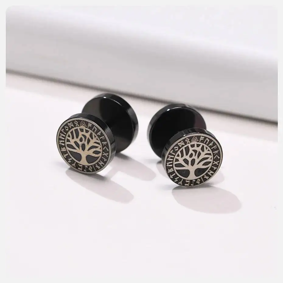 Vnox Herren-Wikinger-Ohrstecker, schwarz, Vegvisir und Norse Valknut, coole Punk-Edelstahl-Ohrringe mit nordischem Wikinger-Set für Männer – Detail 10