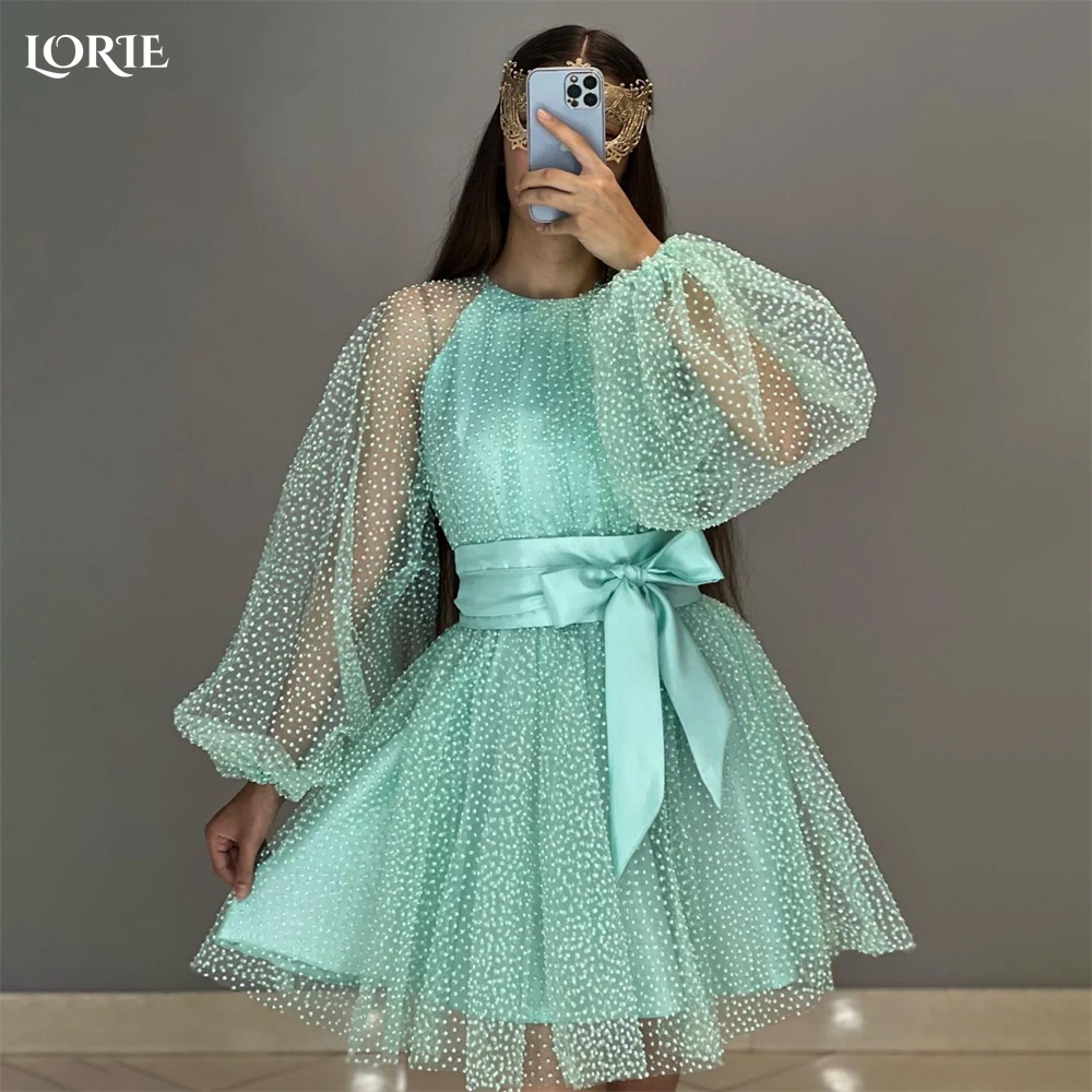 

LORIE Mint Green Dot Prom Dresses Mini Puff Sleeves Bow Belt O-Neck A-Line Evening Dress Arabia Dubai Graduation Party Gowns