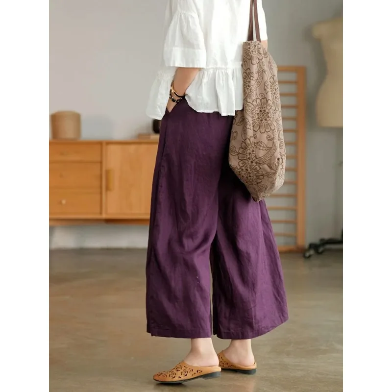 New Summer Cotton Linen Straight Ankle-length Trousers Casual Oversized 4xl Pantalones Vintage High Waist Culotte Wide Leg Pants