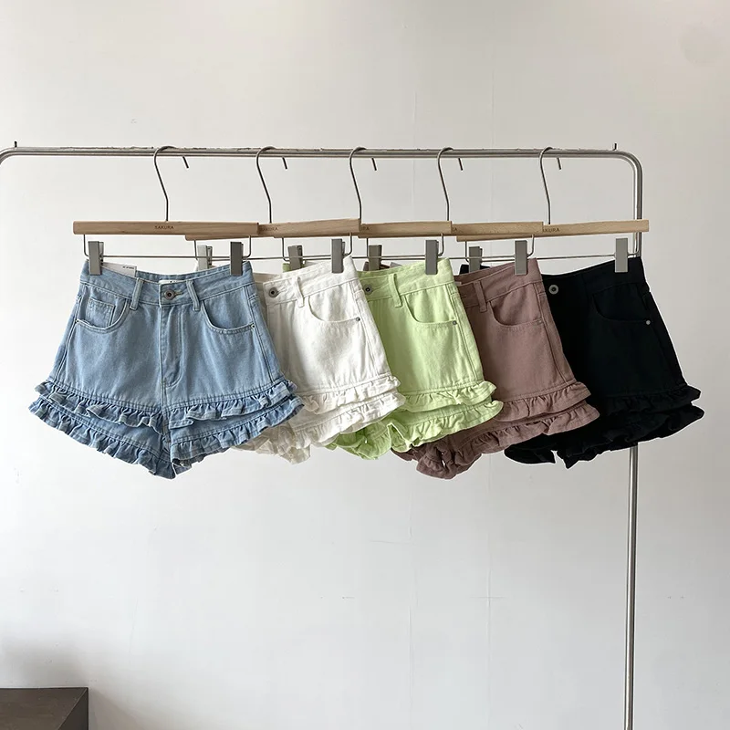 

Summer High Waisted Shorts Tierred Flounced Edge Solid Color Streetwear A-line Pockets Outwear Booty Short Designer Dropshipping