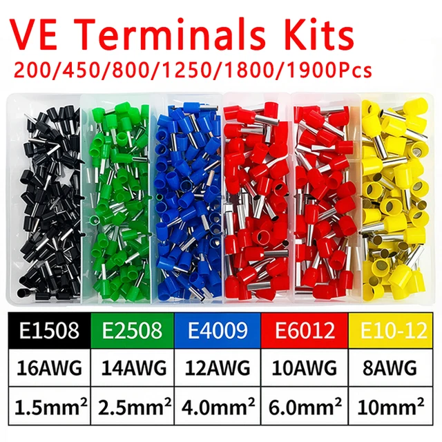 200/450/800/1250/1800/1900 Uds conector aislado Terminal engarzado para cables eléctricos y cables con conectores de anillo E1008 E1508 1