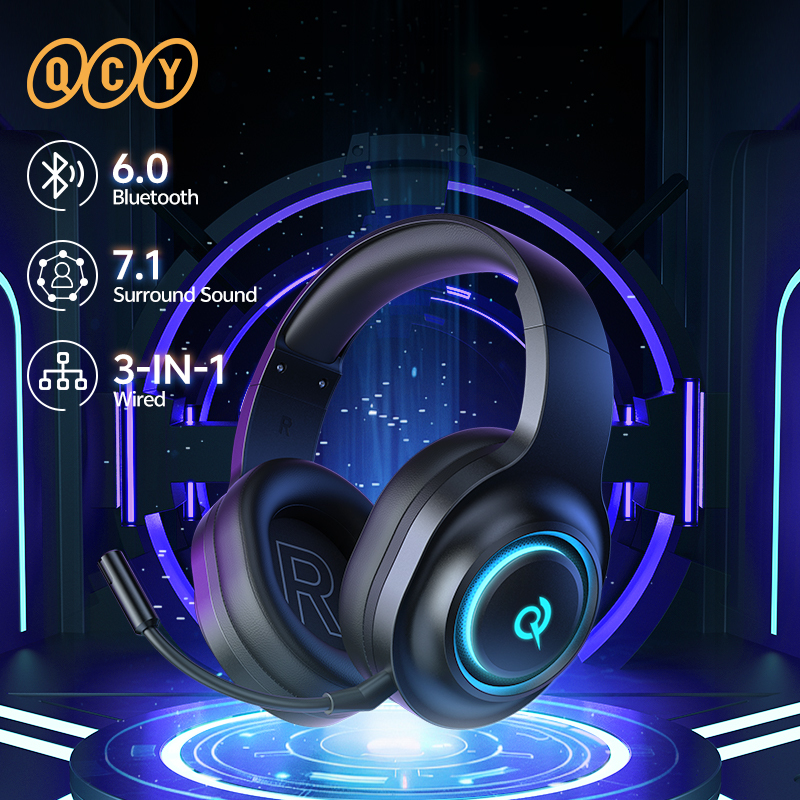 QCY Heroad V200 Over Ear Headphone Wireless Bluetooth 6.0 Earphones 50mm Driver 7.1 Surround Sound Gaming Headset Dynamic EQ RGB