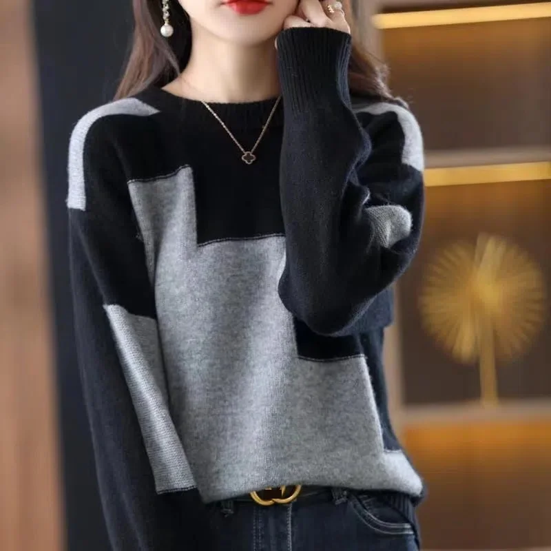Sweater Women New O-Neck Color Matching Short Warm Pullover Long Sleeved Knitted Sweater Bottom Shirt Female Tops Women Clothing