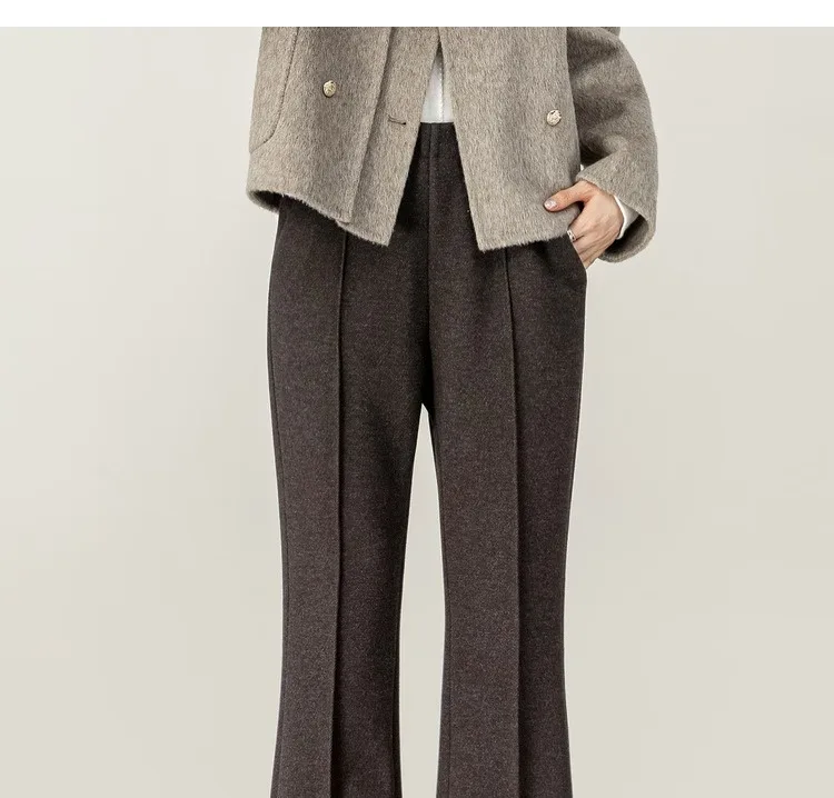 SENTUBILA Women's Wool Blend Trousers 2026 Autumn Winter Elastic Waist Side Zipper Flare Pants Casual Commute Bottoms 154K80271