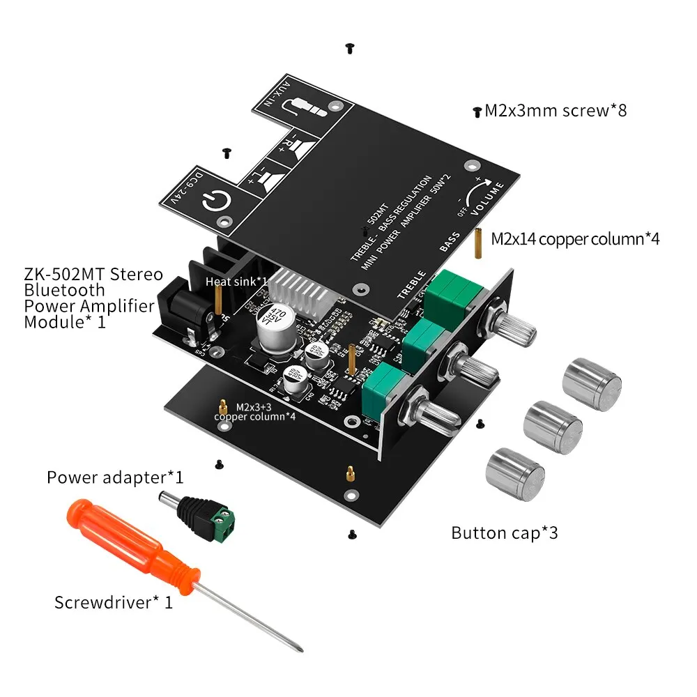 ZK-502MT 블루투스 5.0 서브 우퍼 앰프 보드 2.0 채널 고출력 오디오 스테레오 앰프 보드 2X50W 베이스 AMP