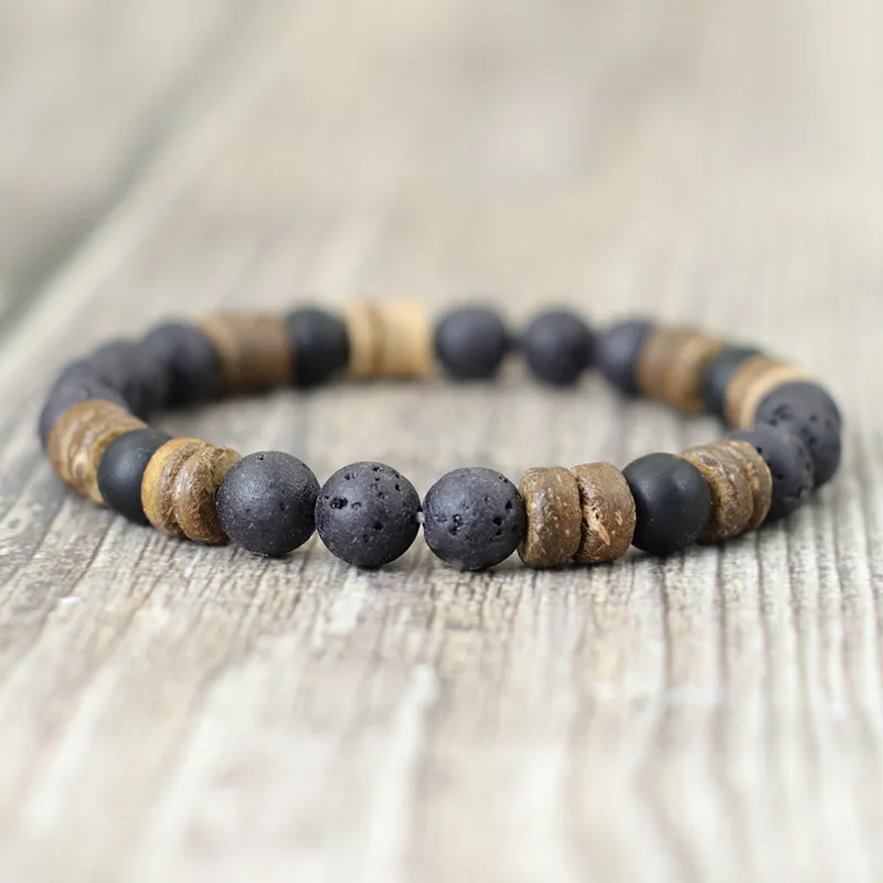 Neues handgemachtes natürliches Holzarmband für Männer 8mm Tigeraugen Vulkanstein Armband Freund Geschenk Sanskrit Pulseras Punk Schmuck – Detail 5