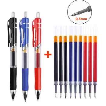 13Pcs Set Ballpen Retractable Gel Pens Black Red Blue Ink 0.5mm Ballpoint Replaceable Refills Office School Supplies Stationery