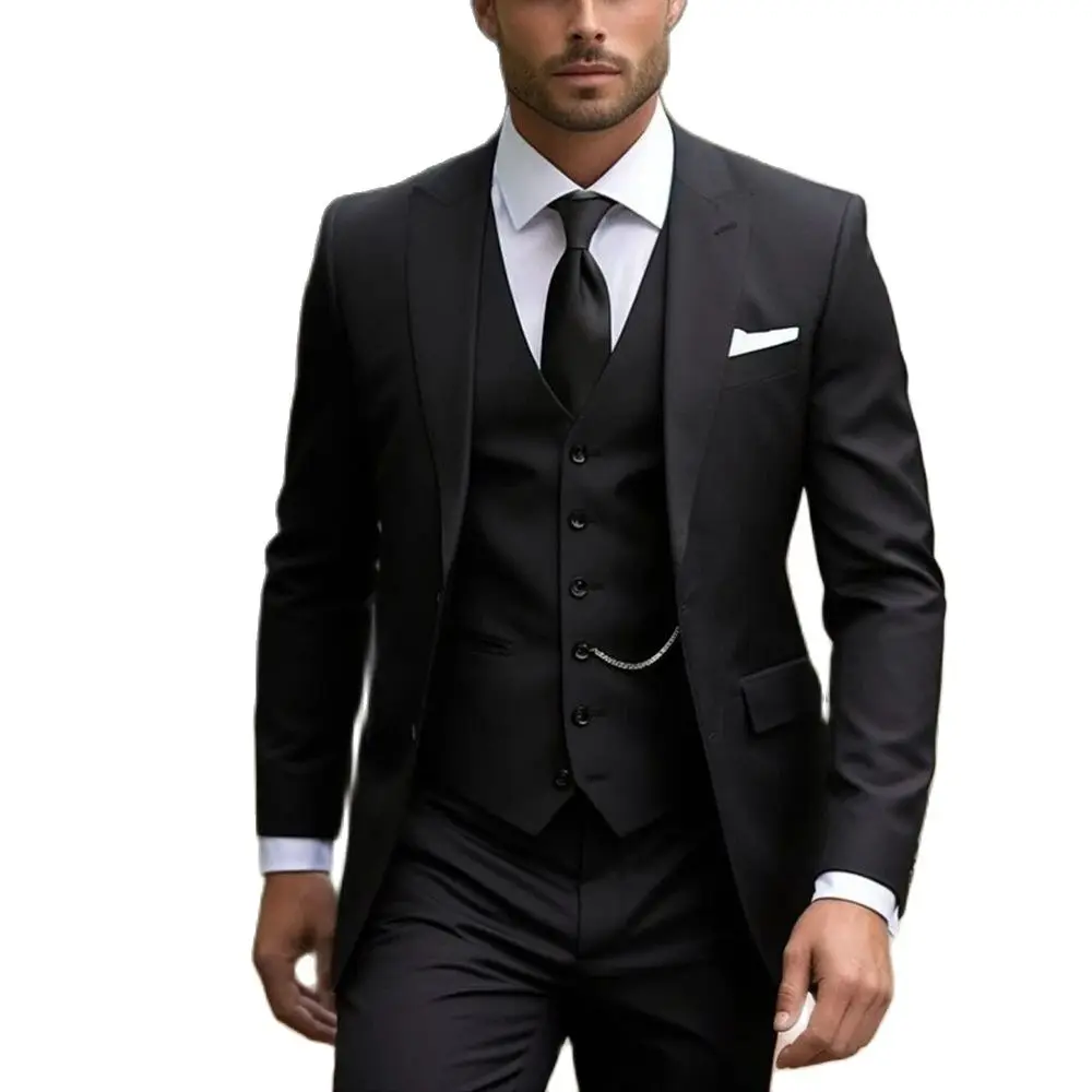 Black 3 Piece Jacket Pants Vest Fashion Tuxedo Peak Lapel Single Breatsted Smart Casual Business Male Clothing Chic Men's Suits