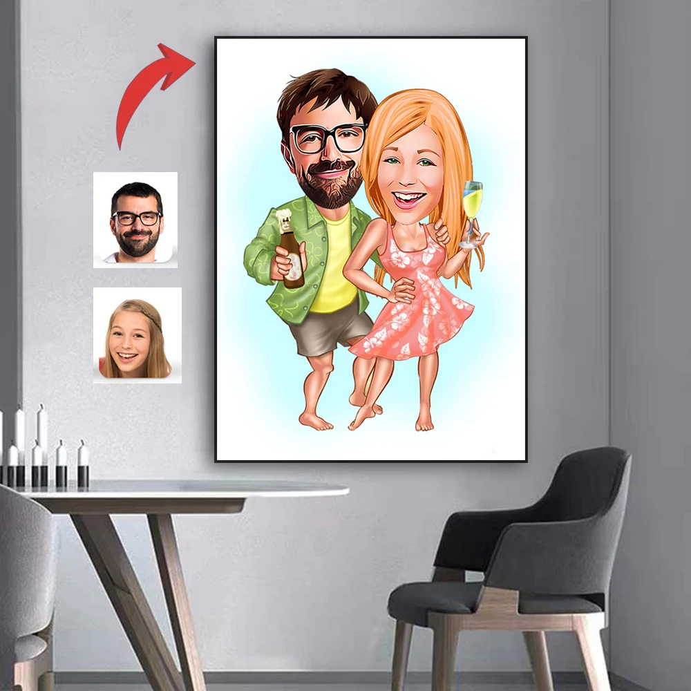 

Personalized Beach Lover Couple Poster Custom Cartoon Portrait Prints Valentine Gift Canvas Painting Bedroom Wall Art Decoration