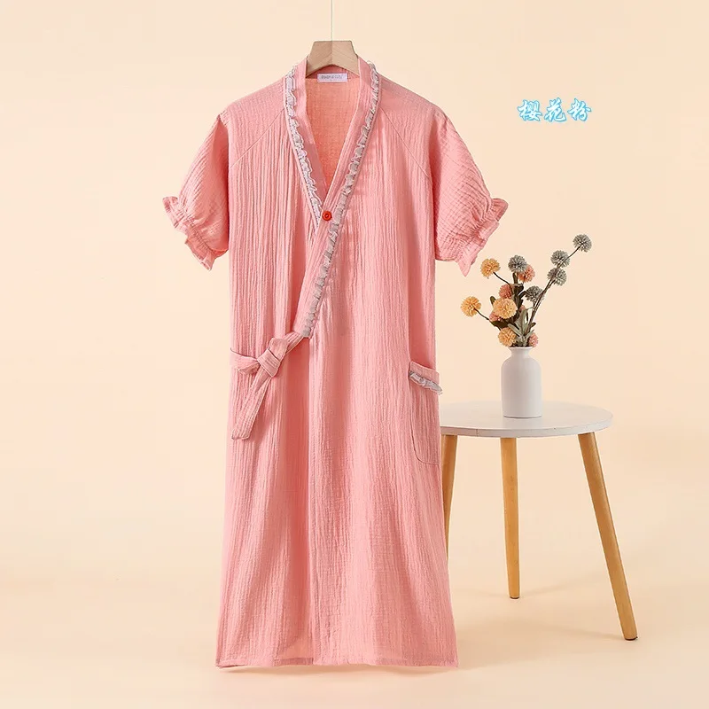 Short Sleeve Kimono Sleeping Robe Lace Color Blocked Strap Up Bathrobe Homewear Cute Sweat Steaming Women Clothing