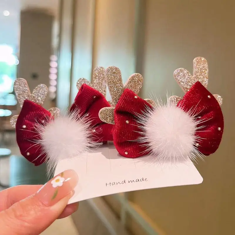 

12Sets Glitter Reindeer Ears Velvet Bow Hairpins Fur Pompom Bowknot Barrettes XMAS New Year Headwear Boutique Hair Accessories