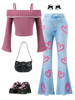 Autumn And Winter Girls’ Daily Casual Sweet And Cute One Shoulder Long Sleeved Top&Heart Printed Flared Pants Two-Piece Set