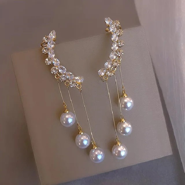 Boucles d'oreilles classiques et élégantes pour femmes, Imitation Double perle, longues pampilles en cristal, goutte d'eau, bijoux cadeaux de mariage, nouvelle collection 2023