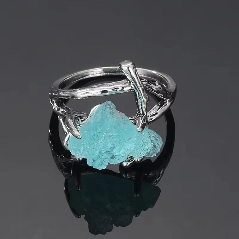 Antique Silver Color Dead Branch 4 Claw Lake Blue Stone Ring Women Men Punk Ethnic Jewelry Accessories Gift gold color rings,tibetan silver rings,finger ring,gold color ring,silver ring,adjustable rings