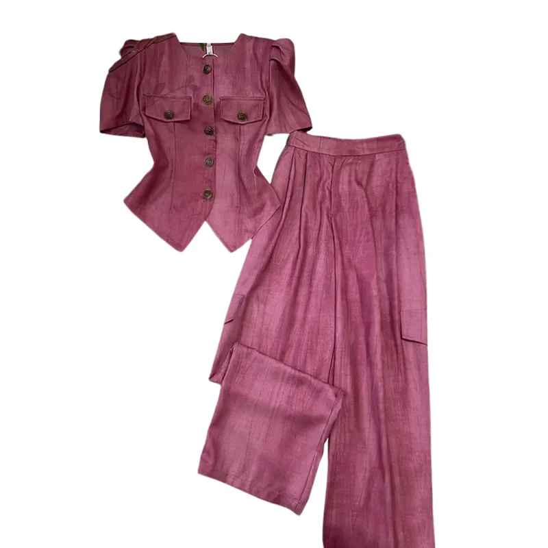 Summer New Fashion Celebrity Xiao Xiangfeng Women's Set Irregular Bubble Sleeve Top Cardigan Wide Leg Pants Trendy