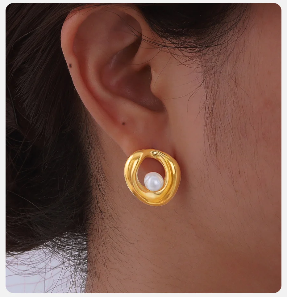 Vnox Geometrische Ohrringe, hohle Perleneinlage, elegante Luxus-Ohrstecker aus Edelstahl, Jubiläumsschmuck für Frauen – Detail 4