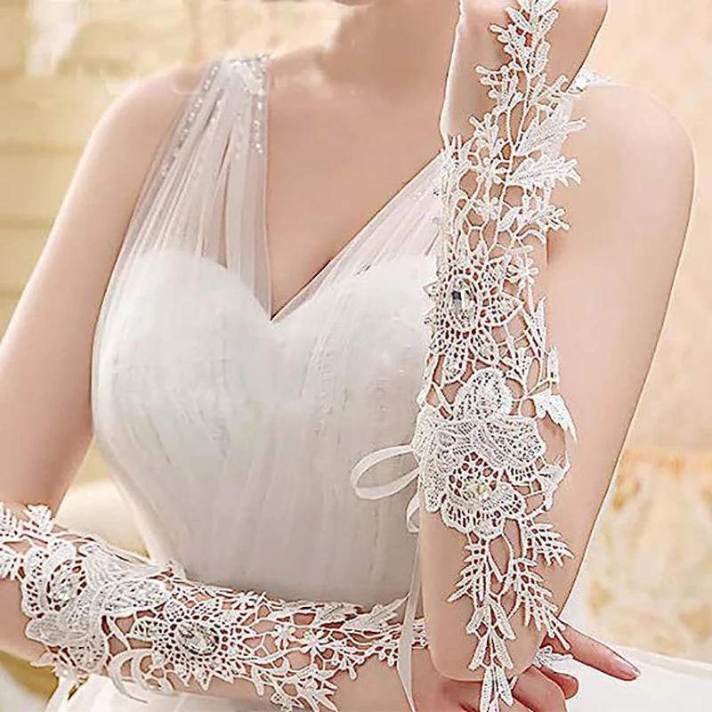 Lace Fingerless Bridal Wedding Gloves with Rhinestone for Women Paragraph Elbow Length lace gloves,wedding dress gloves