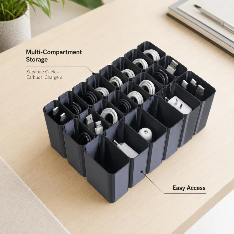 Cable Organizer Box & Multi-Compartment Desk Storage Station