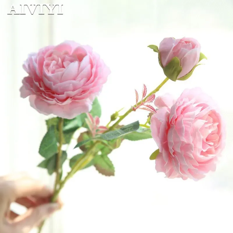 

3 Heads Artificial Rose Peony Flower branch with leaves Silk flores peonies for indoor Home table decor DIY wedding decoration