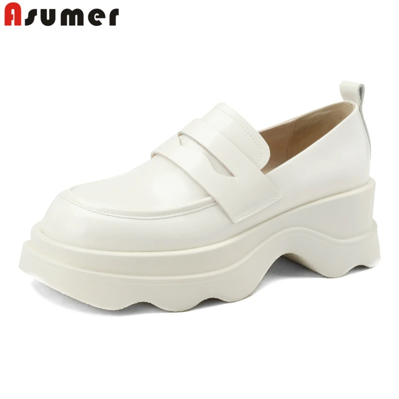 

ASUMER 2024 New Genuine Leather Shoes Women Slip On Platform Shoes White Black Spring Summer Ladies Casual Dress Shoes Loafers
