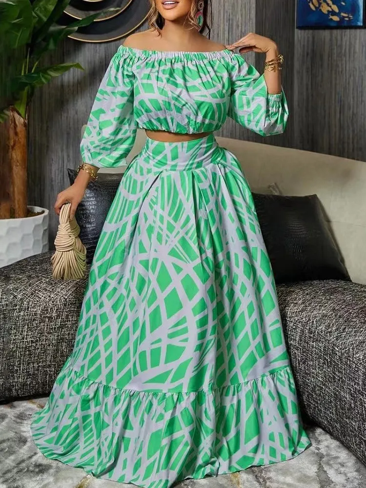 2023 Summer Fashion Boho Print Skirt Women's Sets Sexy V