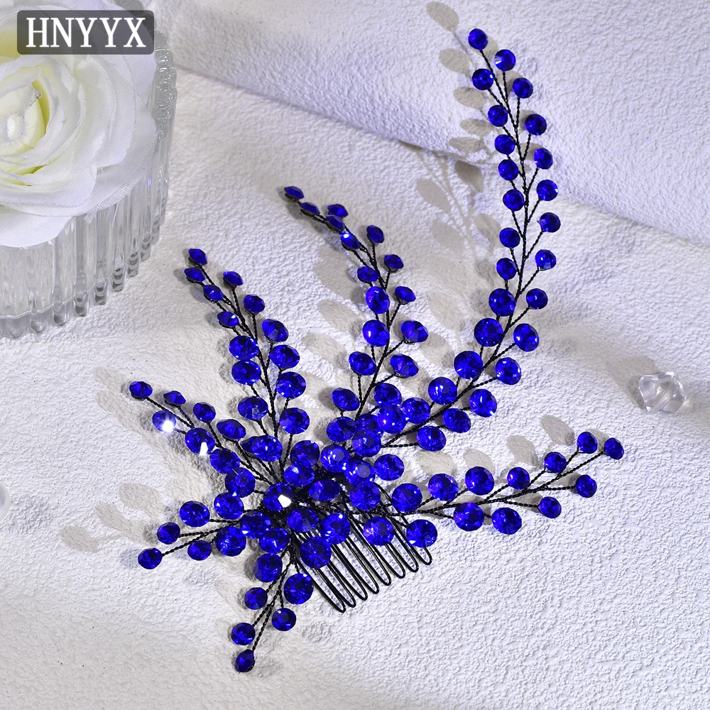 HNYYX Crystal Bridal Hair Comb Alloy Flower Hair Accessories Blue Rhinestone Clip Elegant Hairpin for Women Party A231
