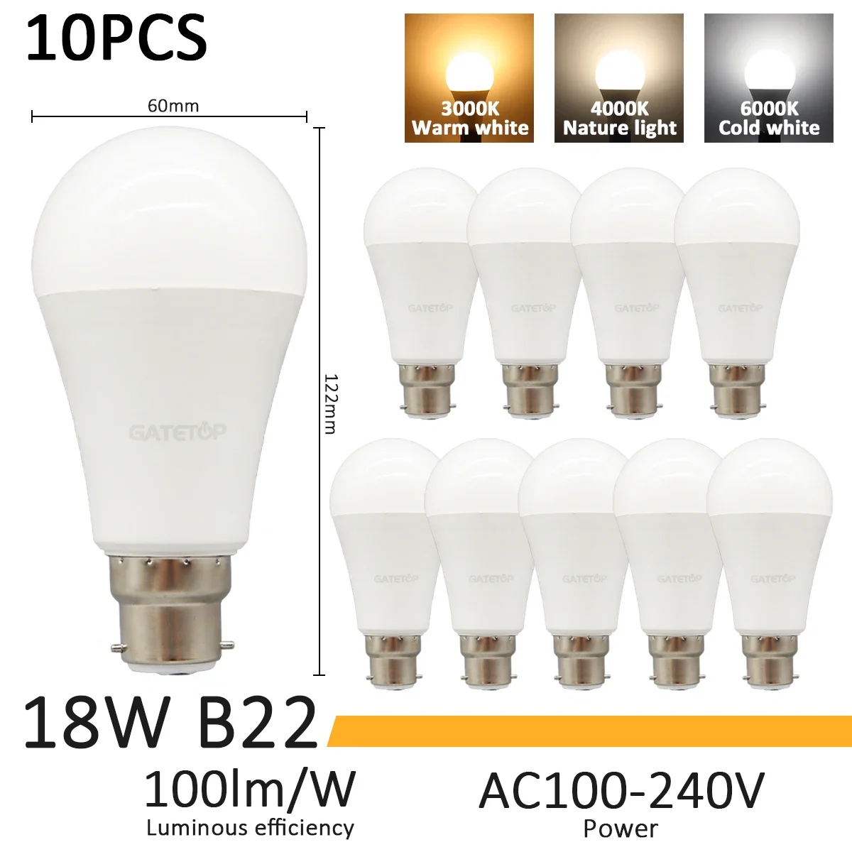 10pcs 18W B22