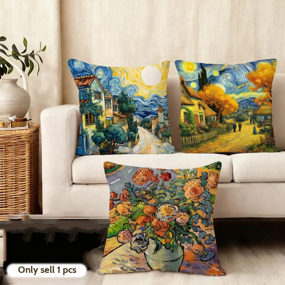 1pc V-Van G-Gogh 유화 쿠션 커버 짧은 플러시 양면 인쇄 사각형 투척 베개 커버 소파 홈 쿠션 장식