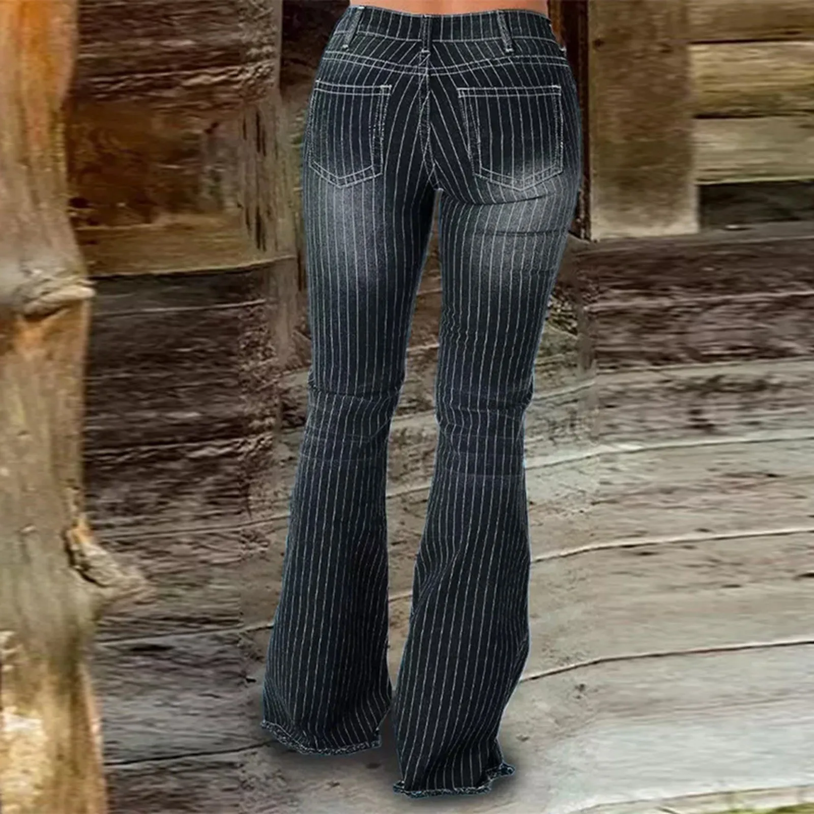Flared Striped Buttoned Jeans for Women