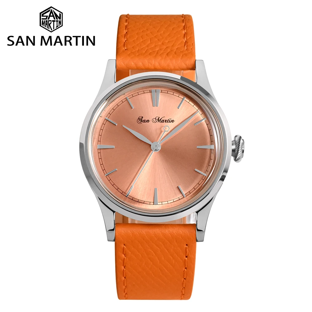 San Martin 38Mm Fashions Simple Men Dress Watch Pt5000 Automatic Meccanico Autoavvolgente Zaffiro Impermeabile 50M Cinturino In Pelle