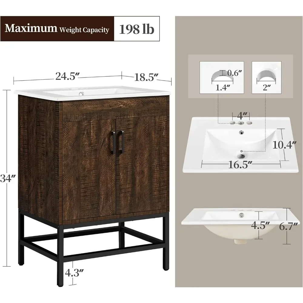 Bathroom Vanity with Sink, Vintage Bathroom Sink Cabinet with 2 Doors, Sink Combo Set for Bathroom, Dark Brown