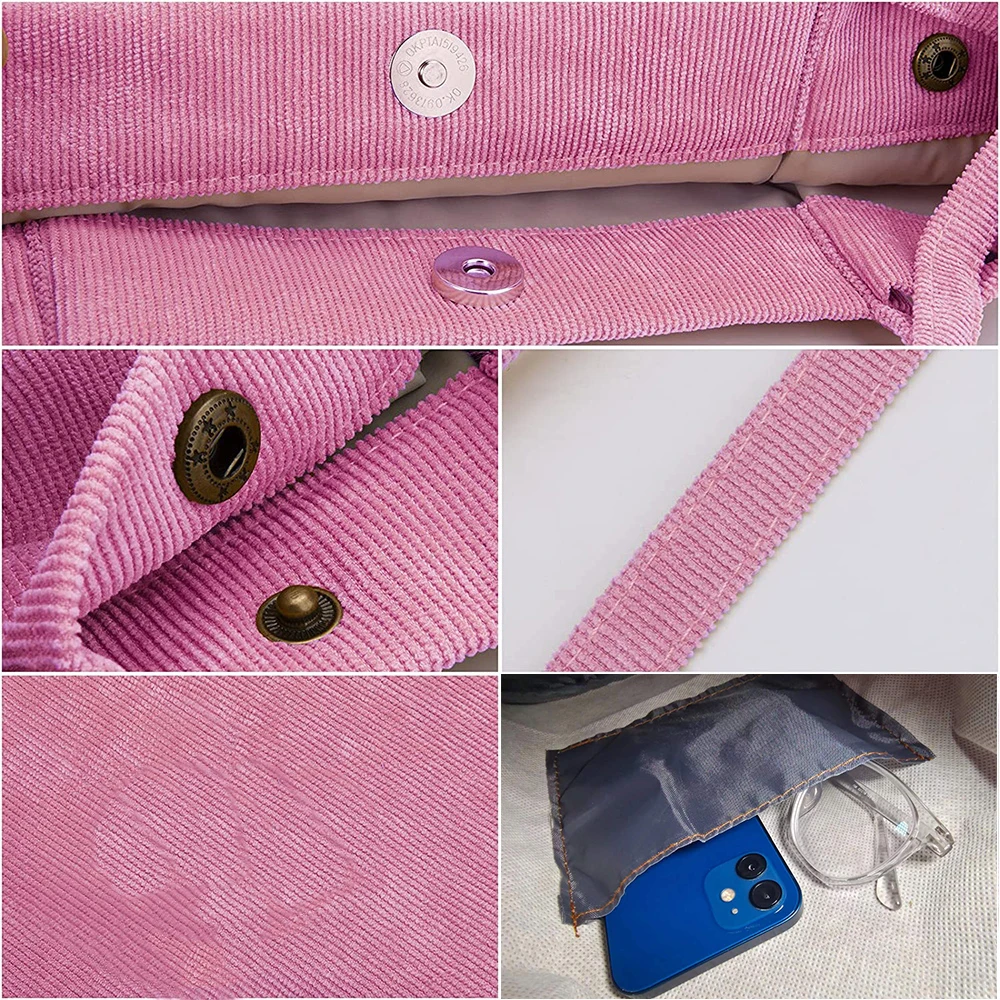 Women Corduroy Shopping Shoulder Bags Reusable Casual Outdoor Party Tote Female Bag Handbags with Button Eco Organizer linen tote bag