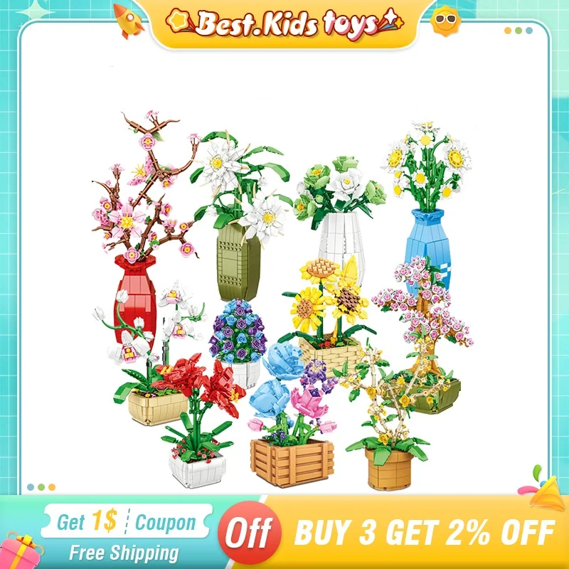 

Bouquet Orchid Block Flower Sunflower Potted Building Blocks Toys Kids Gift City Bonsai Plant Home Decor Model Building Kit Girl