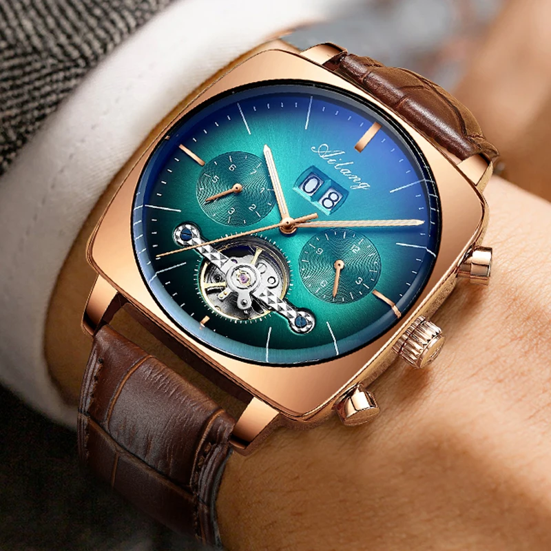 AILANG Luxury Men Automatic Mechanical Watch For Men New Fashion Tourbillon Watches Square Rose Gold Case 30M Waterproof Reloj