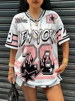 T-shirt surdimensionné pour femmes, col en v, manches courtes, Patchwork, imprimé New York 28, t-shirts décontractés, maillot de sport, de Football, Y2k, été 3