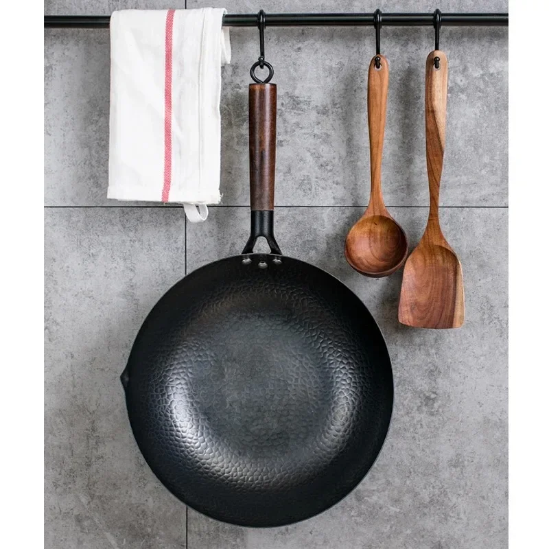 Cast Iron Wok Iron Wok 32cm Iron Wok Traditional Carbon Steel Wok Non-stick Woks Pan with Wood lid Kitchen Cookware for All Stoves
