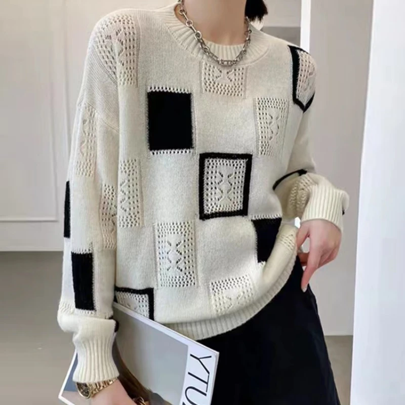 

Fashion Tops Women Oversized Sweater Autumn Winter New Colorblock Plaid Knitted Pullovers Round Neck Retro Warm Sweaters