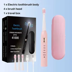 Rechargeable Ultrasonic Electric Toothbrush with Timer and Whitening Features (Pink 4Brush 1BOX)