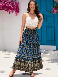 Spring Summer Long Skirts For Women Elegant Casual Retro Print High Waist Skirt Fashion Temperament Female Clothing Streetwear