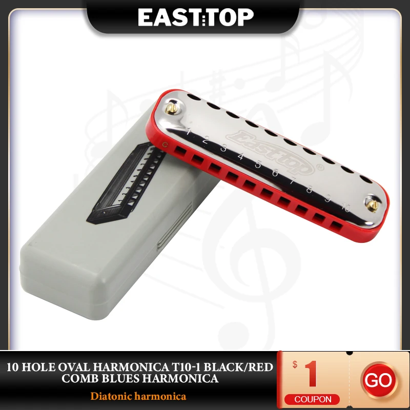 EASTTOP T10-1 10 Holes Oval Harmonica Black/red Comb Blues Harmonica Musical Instruments