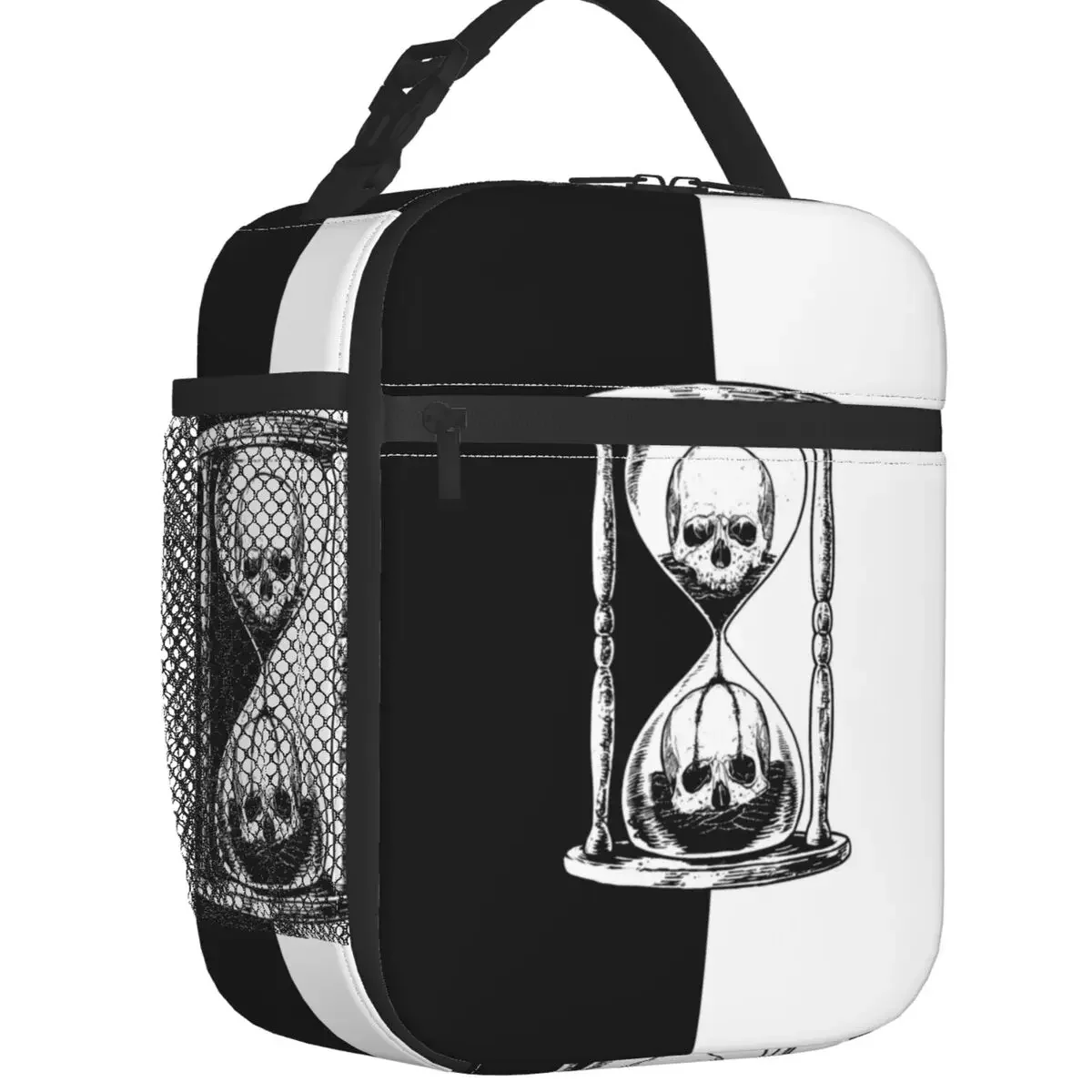 

Black And White Unus Annus Half Logo Insulated Lunch Tote Bag Memento Mori Ethan Mark Hourglass Thermal Cooler Bento Box School