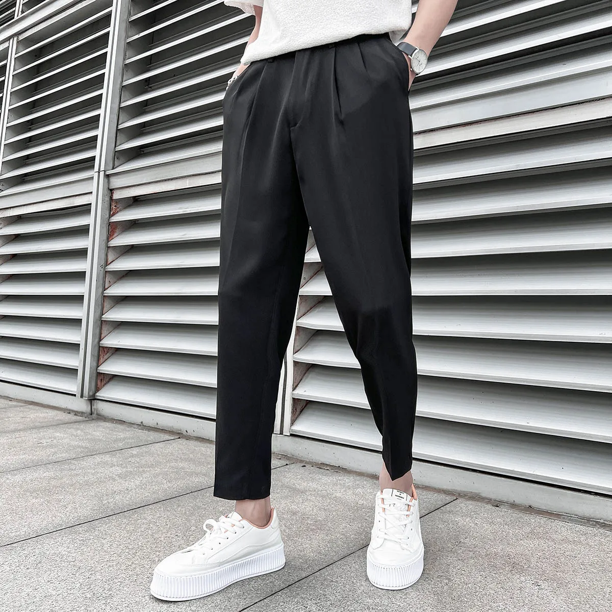 Women Black Rainbow Color Side Tape Straight Pants