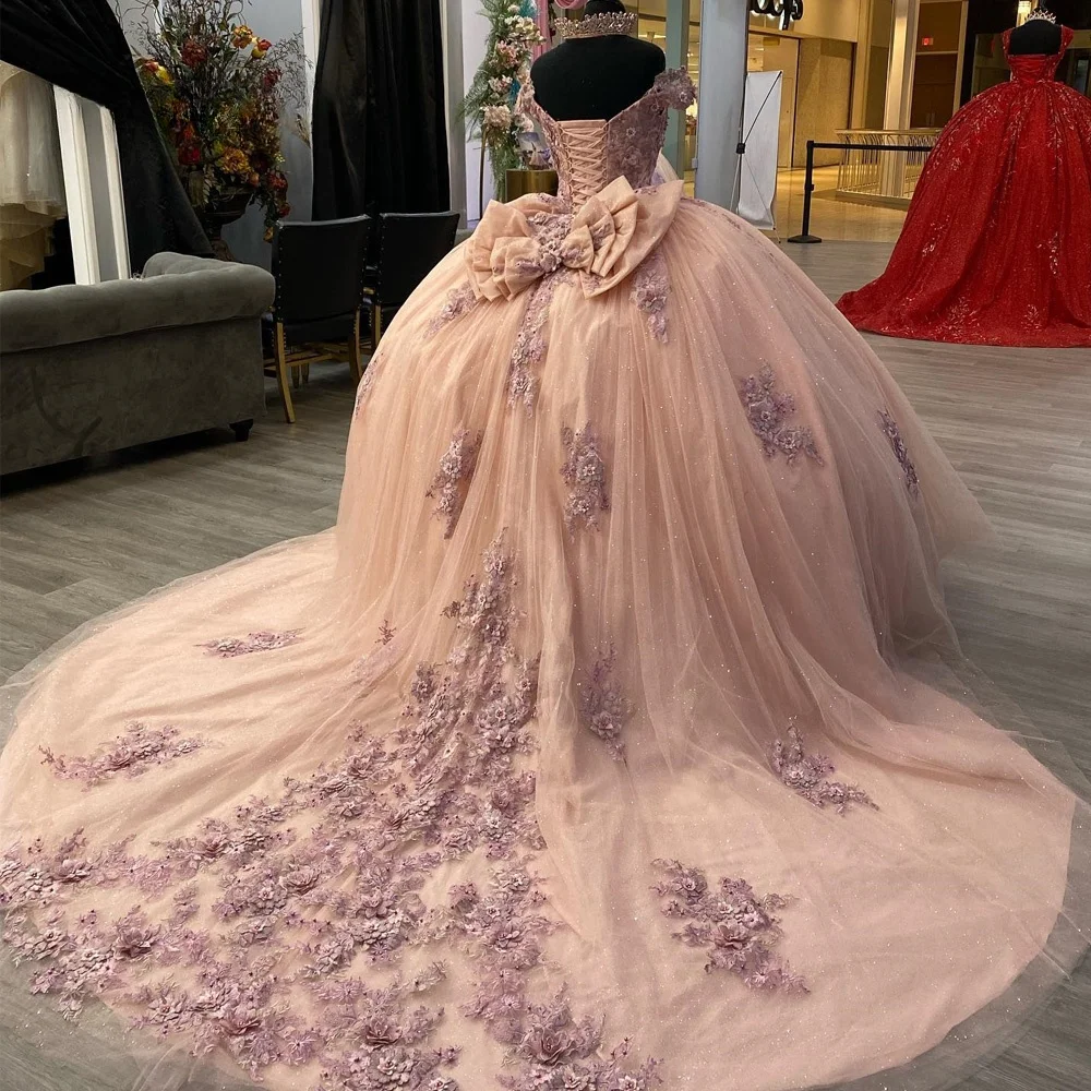 

Salmon Pink Ball Gown Quinceanera Dress 2024 3D Floral Beading Sweetheart Tulle Princess Vestido De XV Años Brithday Party Gown